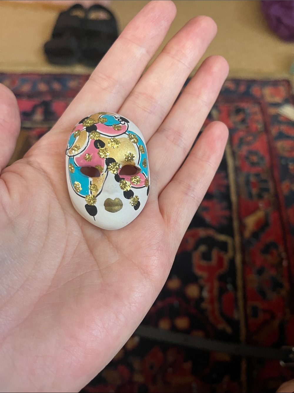 Hand-Painted Venetian Mask magnet White, Gold, Pink, Blue